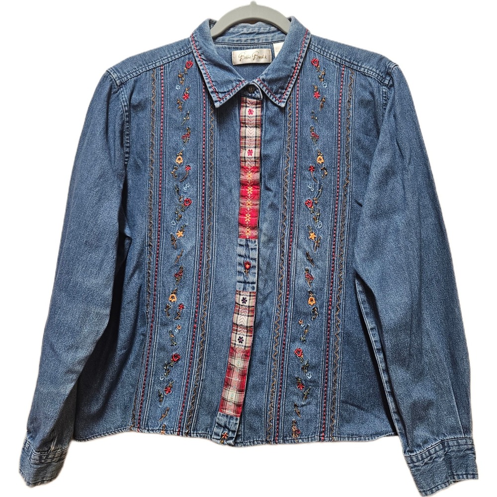 Vintage 90s Bobbie Brooks Floral Embroidered Denim Button Up Shirt Large 12/14